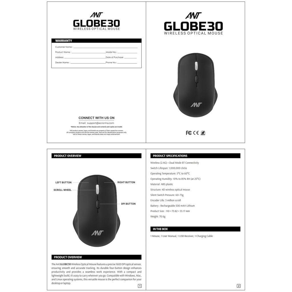 Ant GLOBE30 Wireless Optical Mouse | 4 Button Design - ANT E-SPORTS